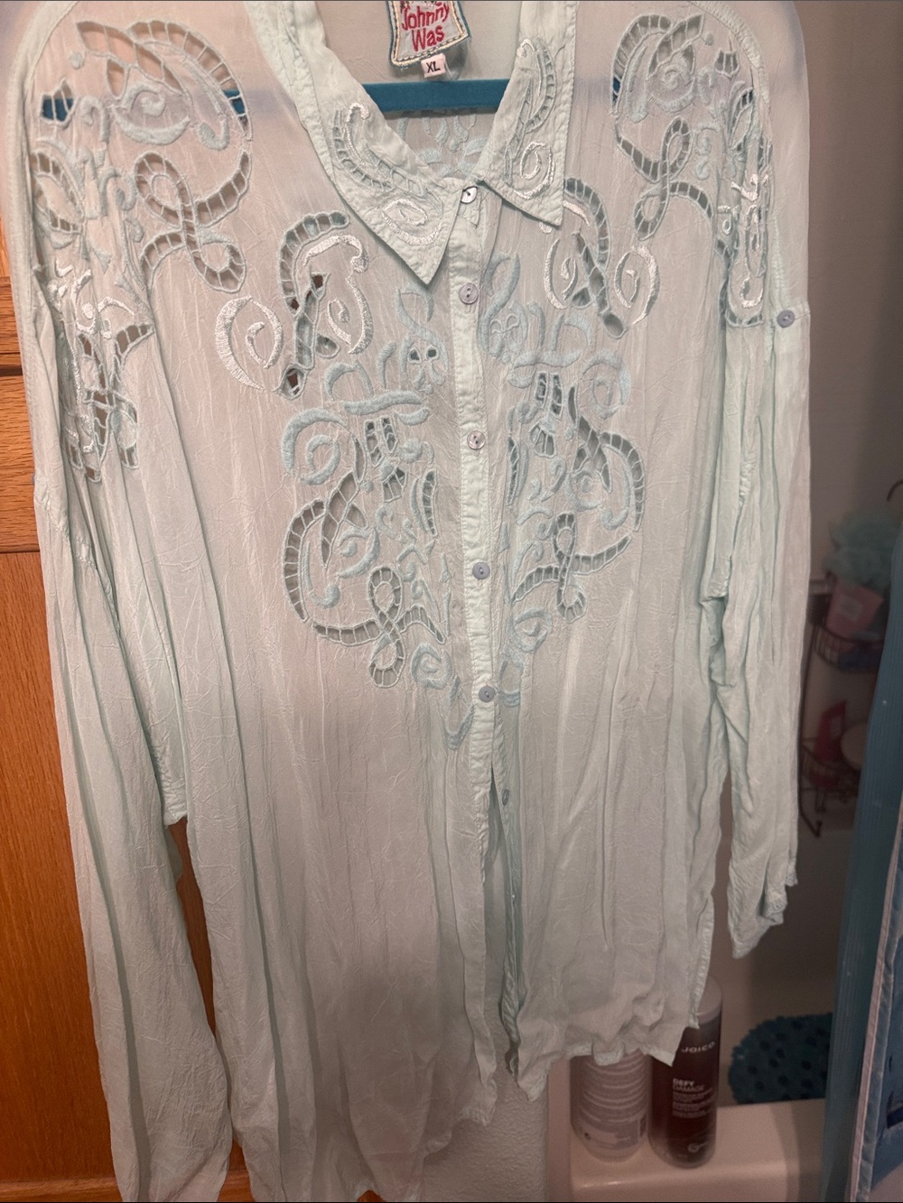 Johnny Was Pale Blue Embroidered Button-Down Blouse